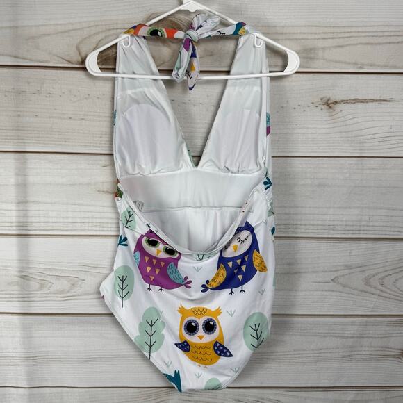 White Multicolor Owl Print Halter Top One Piece Swimsuit Size XL - Picture 4 of 5